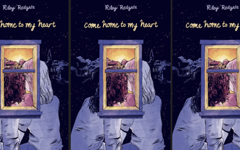Three covers of the book Come Home to My Heart. It shows Two young people sitting together with their backs to the viewer. There is a window frame that is just behind them. Through it we see them and a sunny sky over a home. Looking at them from outside the frame though, the horizon is a night sky behind homes.
